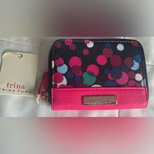 Trina Turk Black Multi Dot Zip Card Holder with Hot Pink Trim